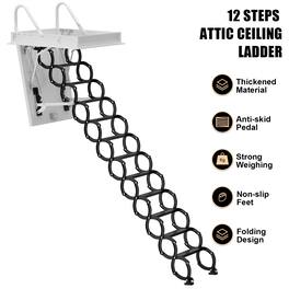 Topteng - 12-Step Loft Ladder - Wall Mounted Foldable, 660lb Capacity, Alloy Steel for Attic & Roof Access - Black