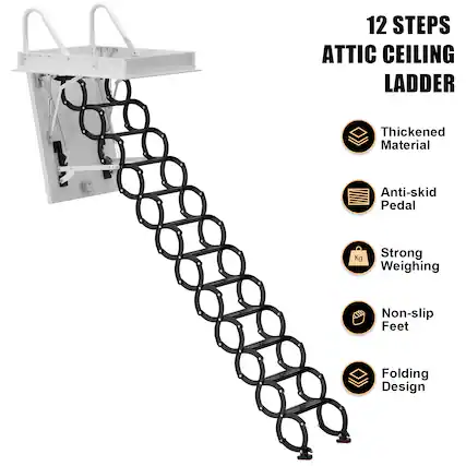 12 STEPS ATTIC CEILING LADDER
- Thickened Material
- Anti-skid Pedal
- Strong Weighing
- Non-slip Feet
- Folding Design