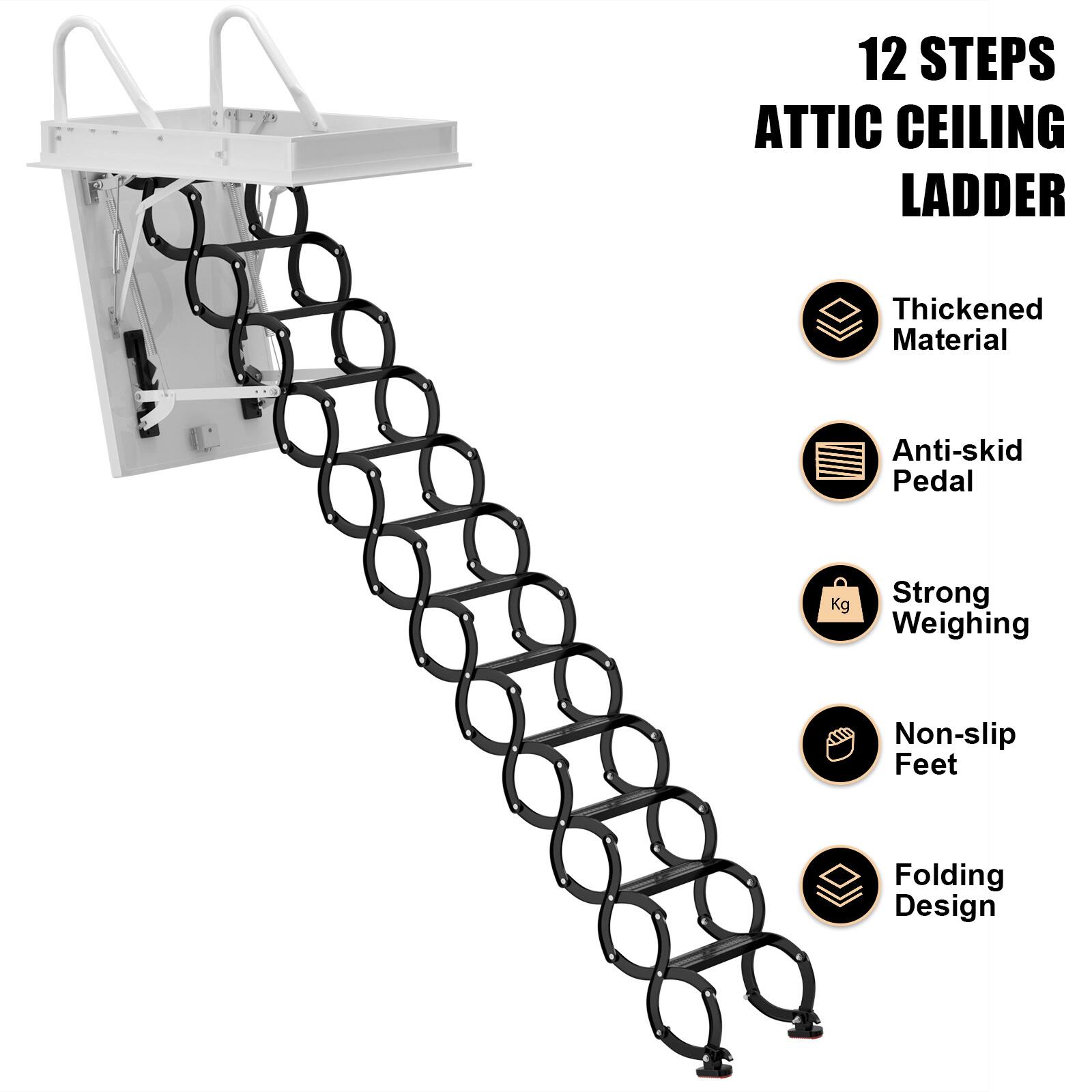 12 STEPS ATTIC CEILING LADDER

- Thickened Material
- Anti-skid Pedal
- Strong Weighing
- Non-slip Feet
- Folding Design