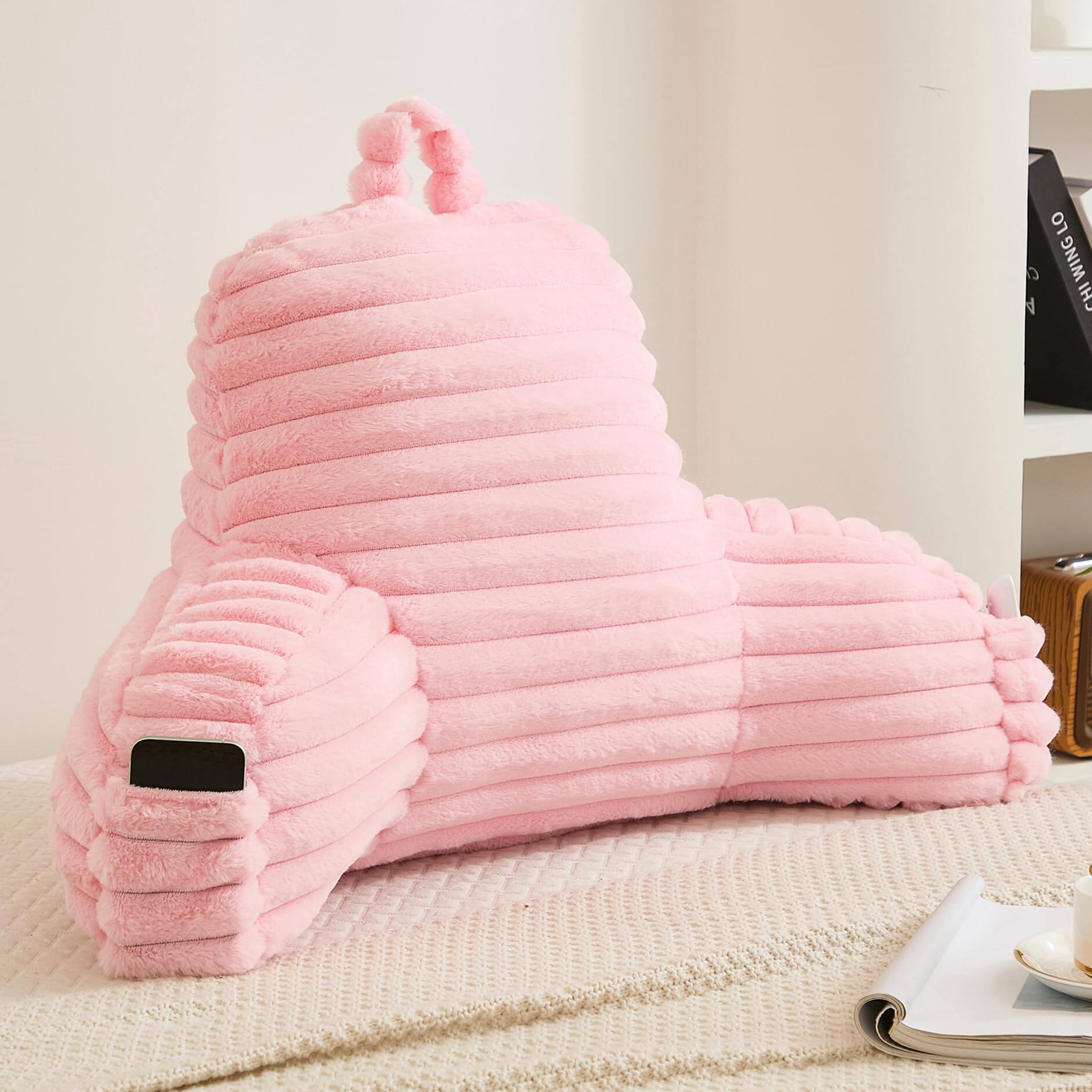 Left. MAGICAL RUBS - Faux Fluffy Pink Reading Pillow With Pockets Luxury Striped Plush Decorative Arm Rests And Support For Bed Rest Loung... - Hot Pink X-Large.