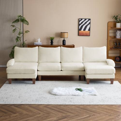 Alt View 7. Winado - 110" Sectional Couches Chenille Upholstery U-Shape 4 Seat Sofa Set with Double Chaises & Wood Grain Legs for Living Room - White.