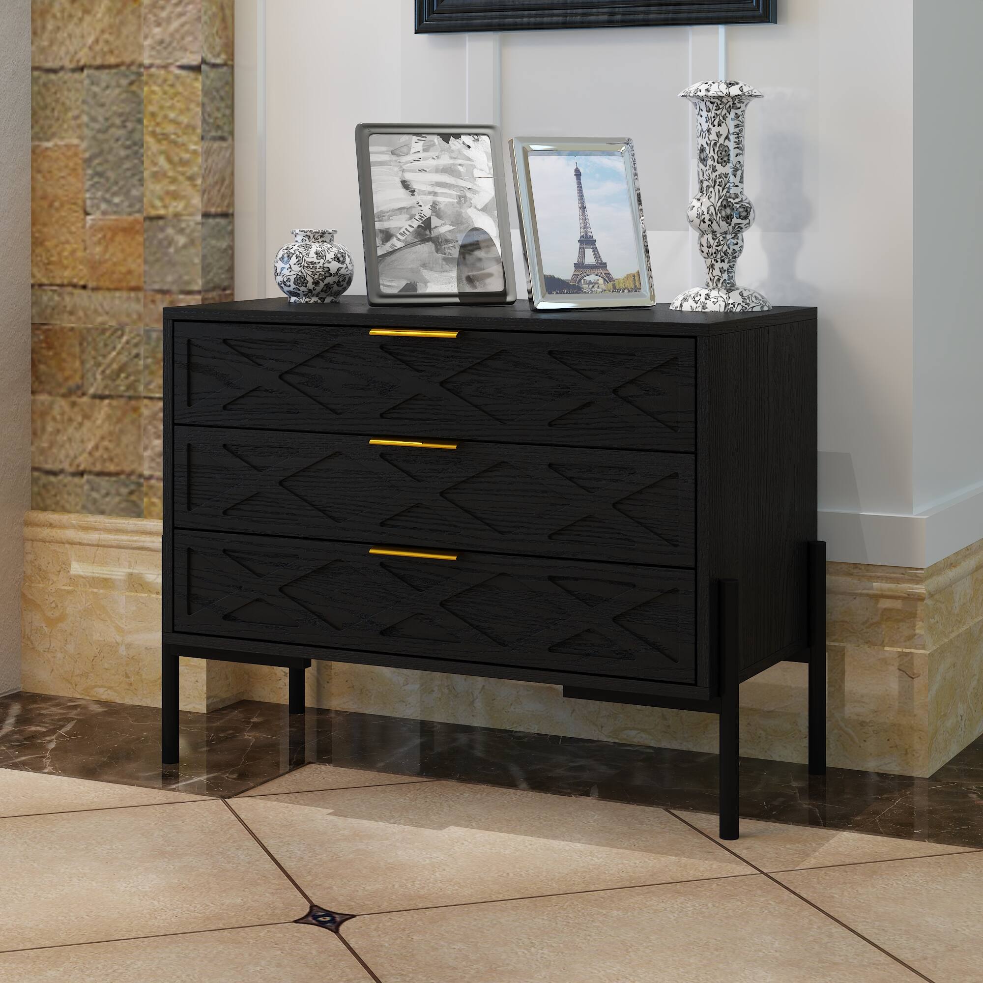 Left. FUFU & GAGA - 3-Drawer Multi-Functional Dresser Storage Cabinet with Silent Tracks for Bedroom, Living Room - Black.