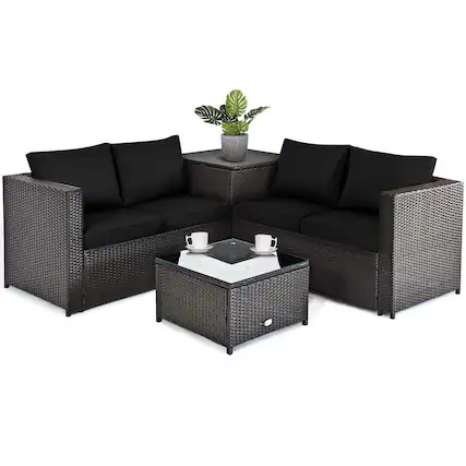 Front. Gymax - Gymax Set of 4 Patio Rattan Furniture Set Cushioned Loveseat Storage Table Outdoor Black - Brown, Black.