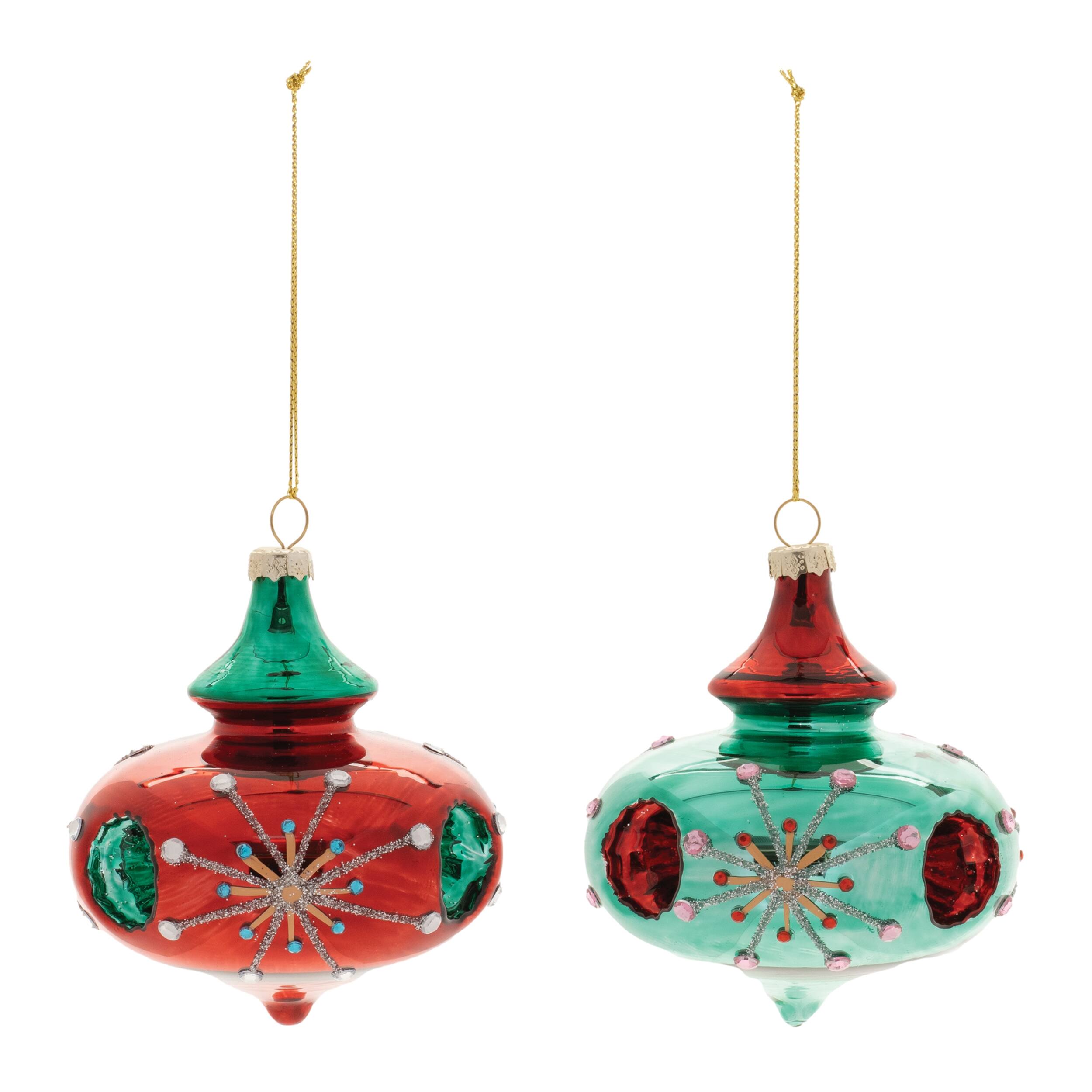 Left. BreeBe - Glittered Glass Reflector Ornament (Set of 6) - Red, Green.