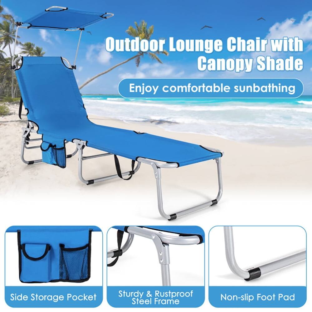 Outdoor Lounge Chair with Canopy Shade  
Enjoy comfortable sunbathing  

- Side Storage Pocket  
- Sturdy & Rustproof Steel Frame  
- Non-slip Foot Pad