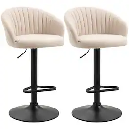 Homcom - Adjustable Bar Stools Set of 2, Linen Upholstered, Swivel Seat, Counter Height, Beige - White