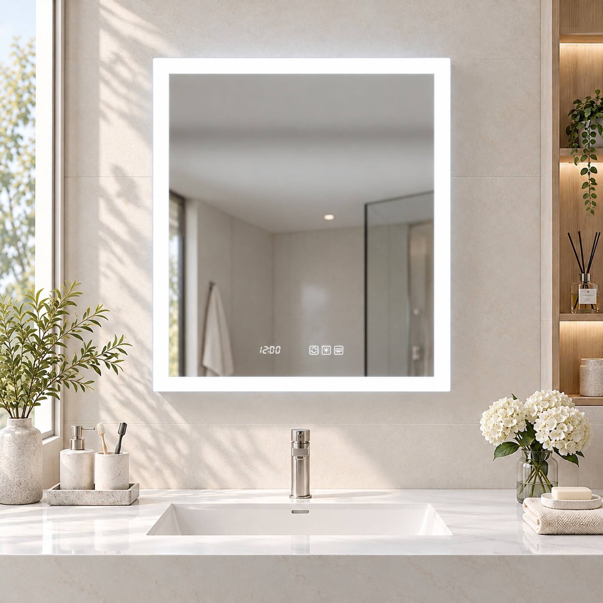 Back. RYHNUYNE - 24 in W x 30 in H Aluminum, Right Recessed or Surface Mount, LED Light and Clock - Silver.