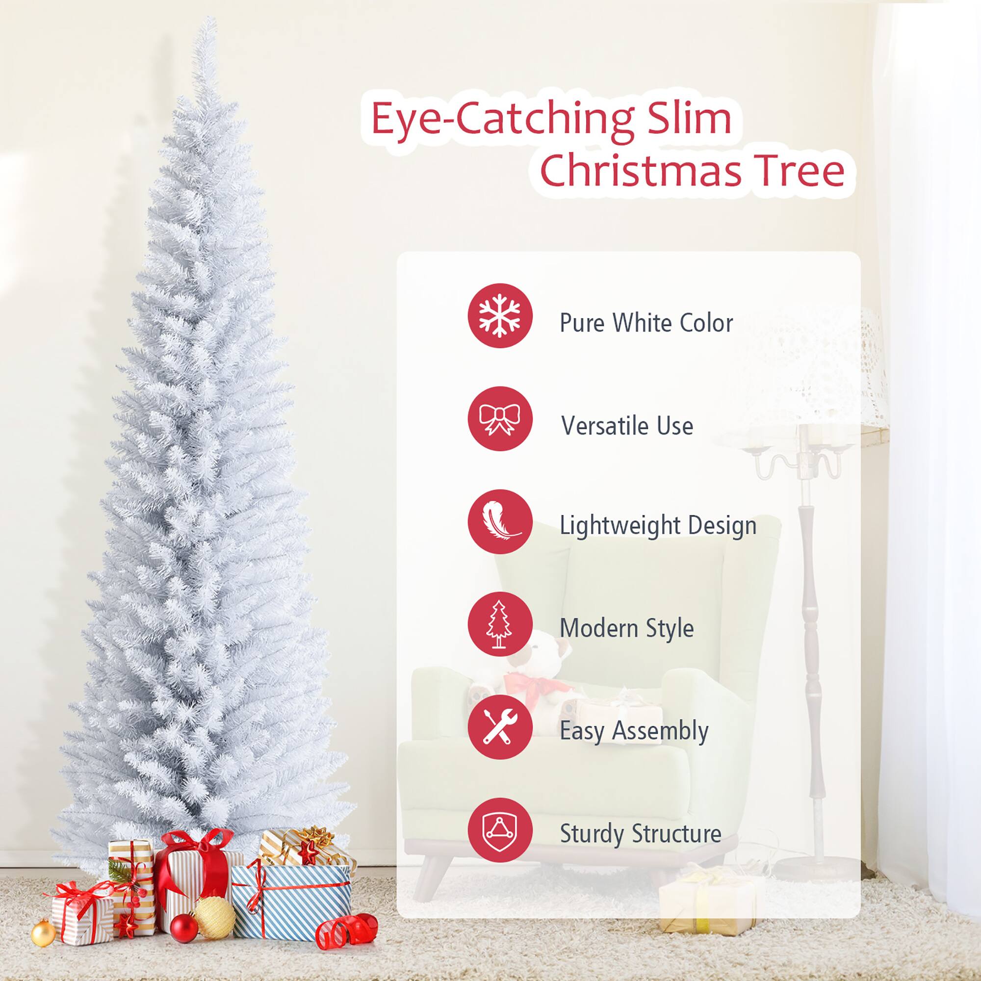 Eye-Catching Slim Christmas Tree Pure White Color Versatile Use Lightweight Design Modern Style Easy Assembly Sturdy Structure