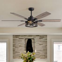 Siljoy - 6-Blade Industrial Caged Ceiling Fan with Light - Multi-Speed, Reversible, Adjustable Downrod