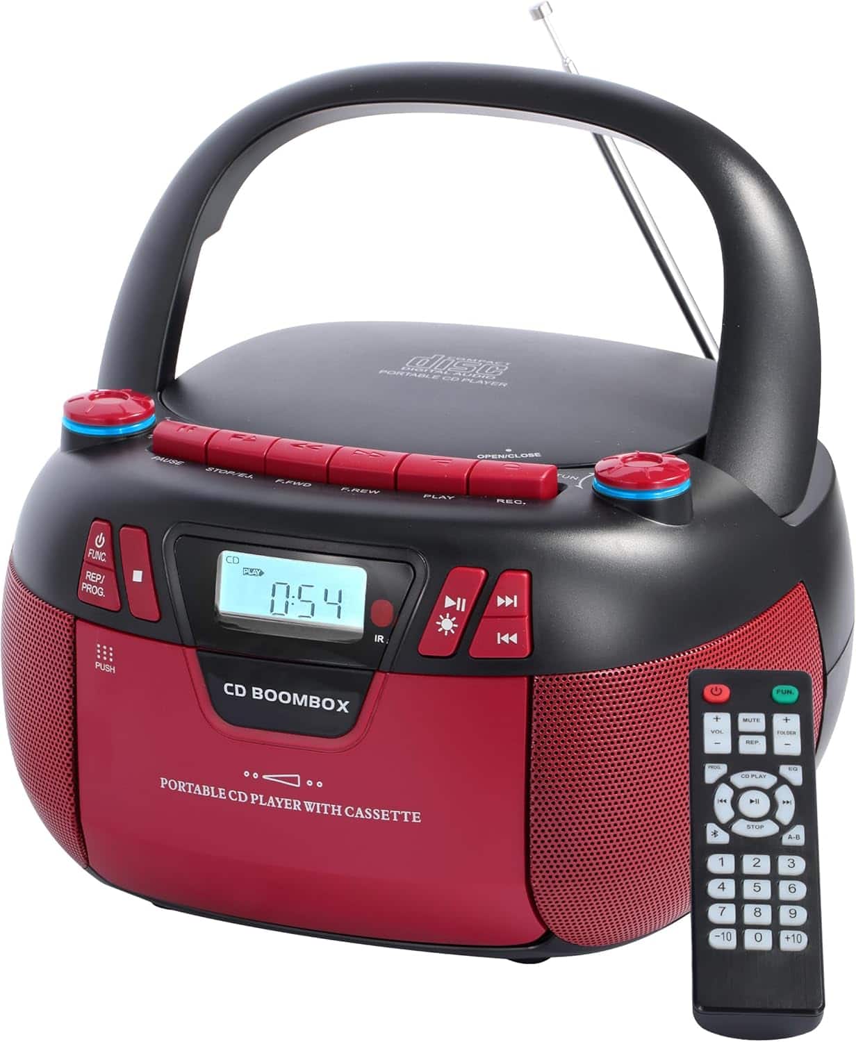 THIRSTY TURTLE - Boombox CD Player w/ Bluetooth, Cassette & AM/FM Radio, Red