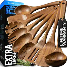 Zulay Kitchen - 9-Piece Teak Wooden Utensils for Cooking - Smooth Finish Natural Teak Utensil Set - Brown