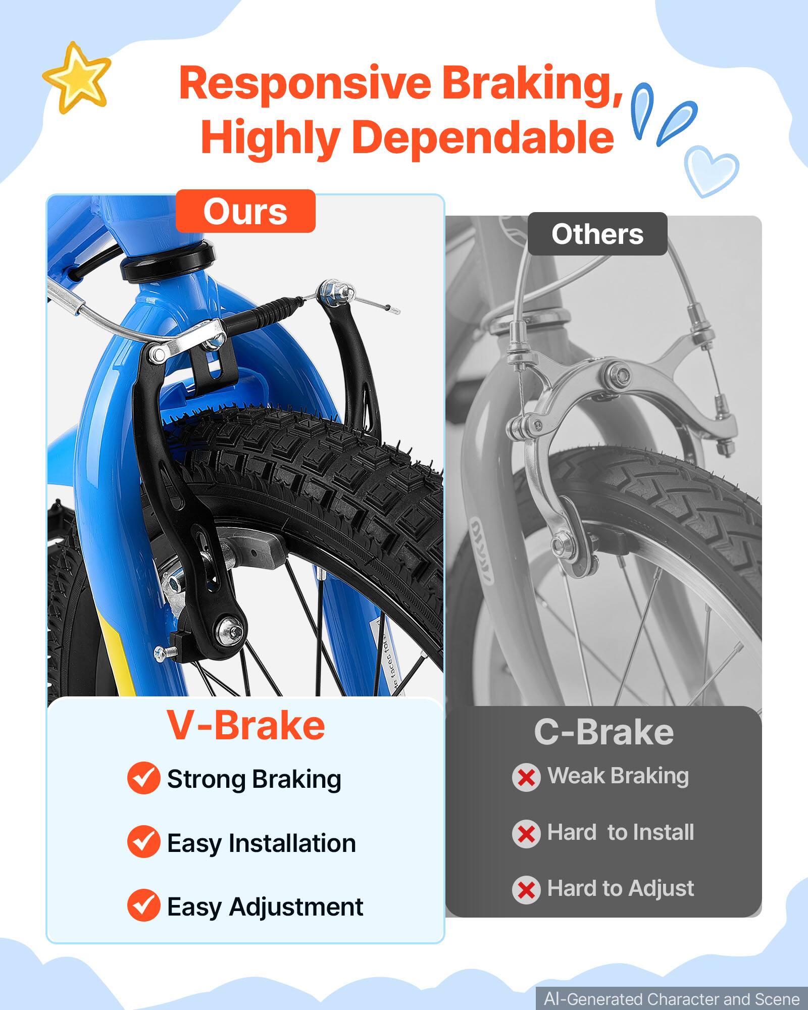 Responsive Braking, Highly Dependable

Ours

V-Brake
- Strong Braking
- Easy Installation
- Easy Adjustment

Others

C-Brake
- Weak Braking
- Hard to Install
- Hard to Adjust

AI-Generated Character and Scene