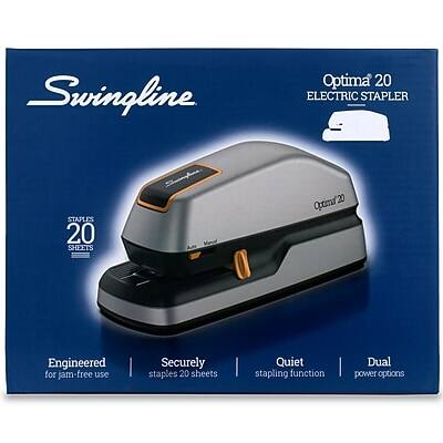 Swingline Optima 20 ELECTRIC STAPLER  
Optima 20  
STAPLES 20 SHEETS  
Engineered for jam-free use  
Securely staples 20 sheets  
Quiet stapling function  
Dual power options