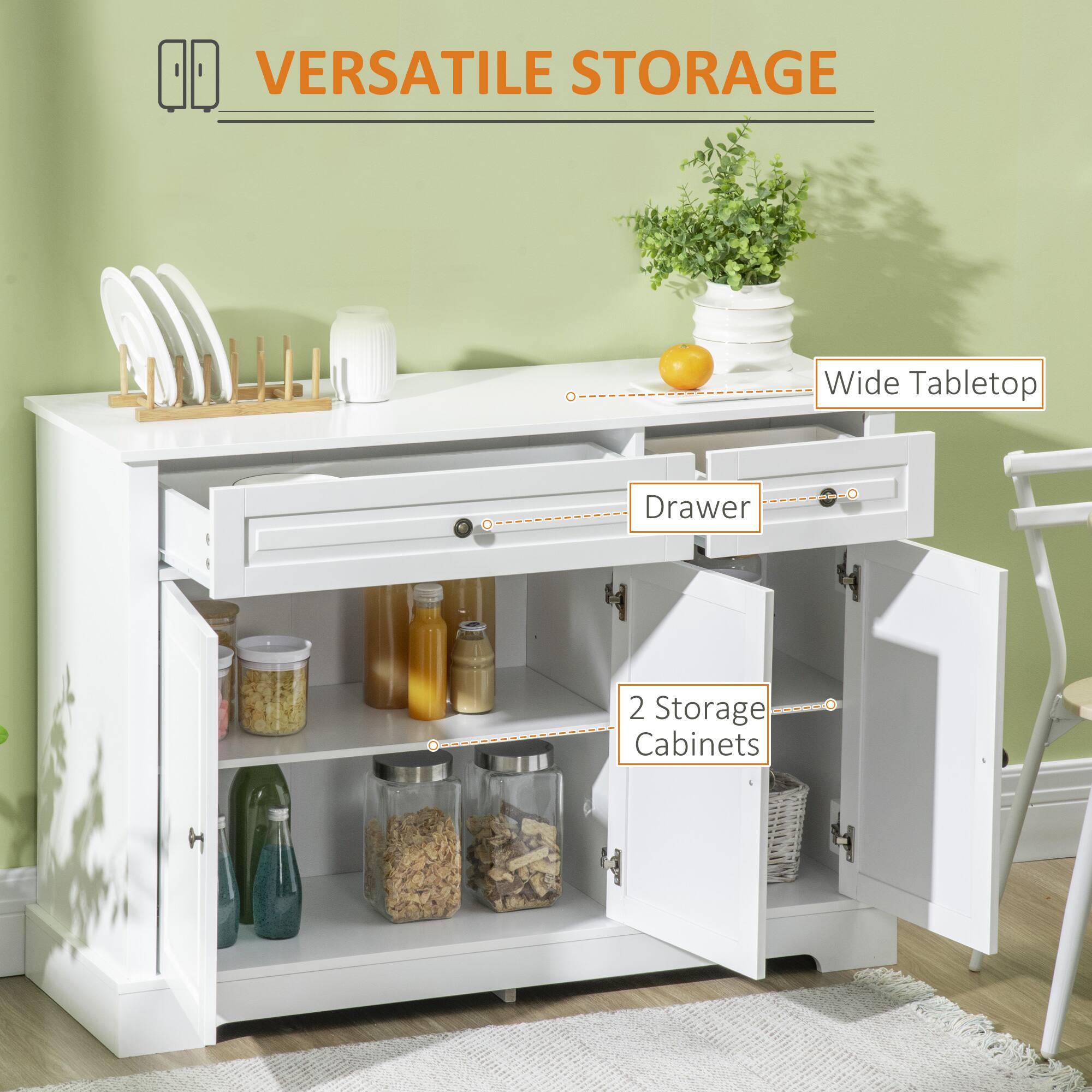 VERSATILE STORAGE
Wide Tabletop
Drawer
2 Storage Cabinets