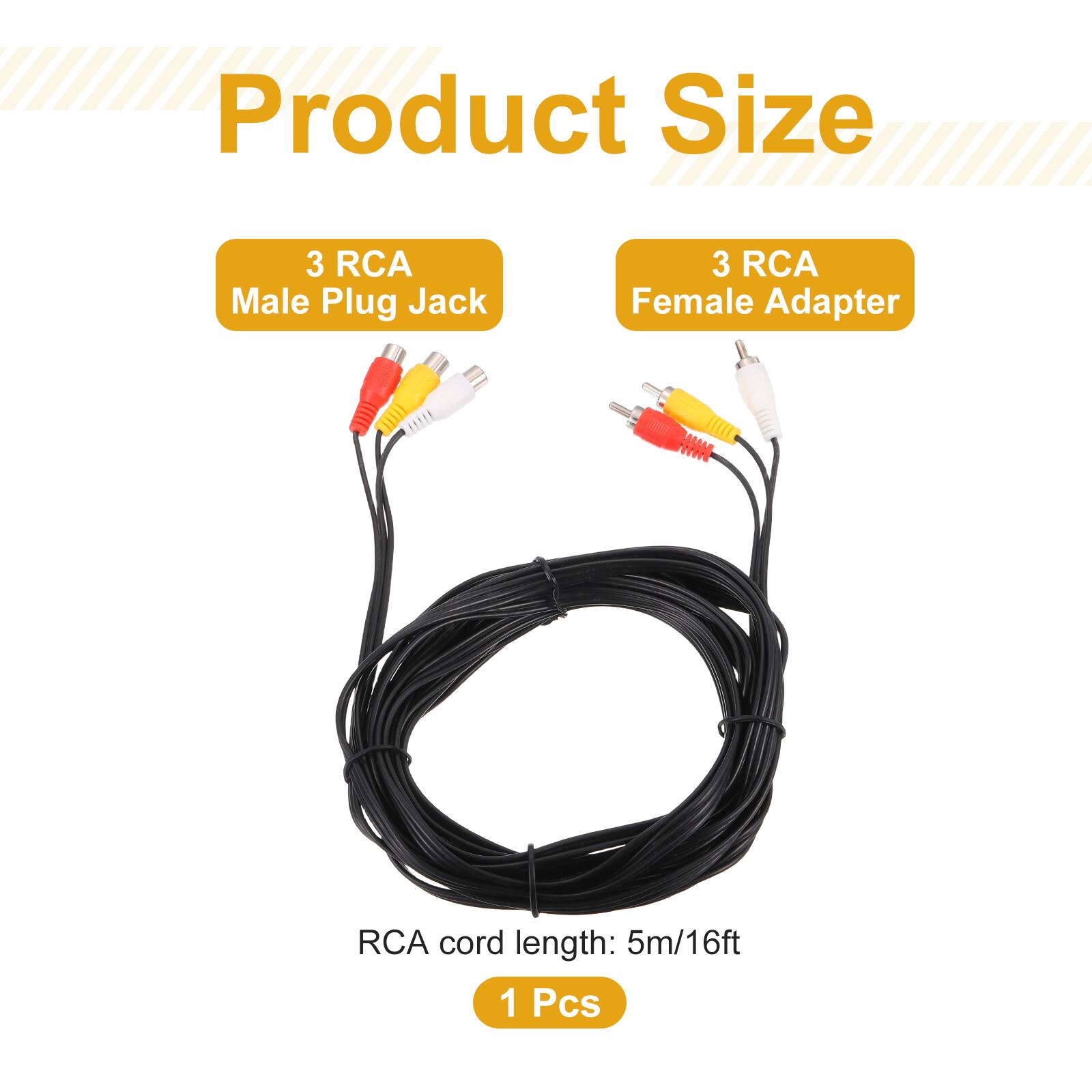 Product Size  
3 RCA Male Plug Jack  
3 RCA Female Adapter  
RCA cord length: 5m/16ft  
1 Pcs