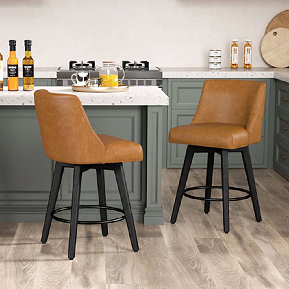 Angle. Vipbear - Vipbear 26" H Seat Height Swivel Barstools Set of 2, Fabric Upholstered Modern Counter Stools with Back, Solid Wood Legs - Brown.