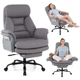 Gymax - Big & Tall Office Chair w/Adjustable Backrest Armrests Footrest Storage Pockets Grey - Gray