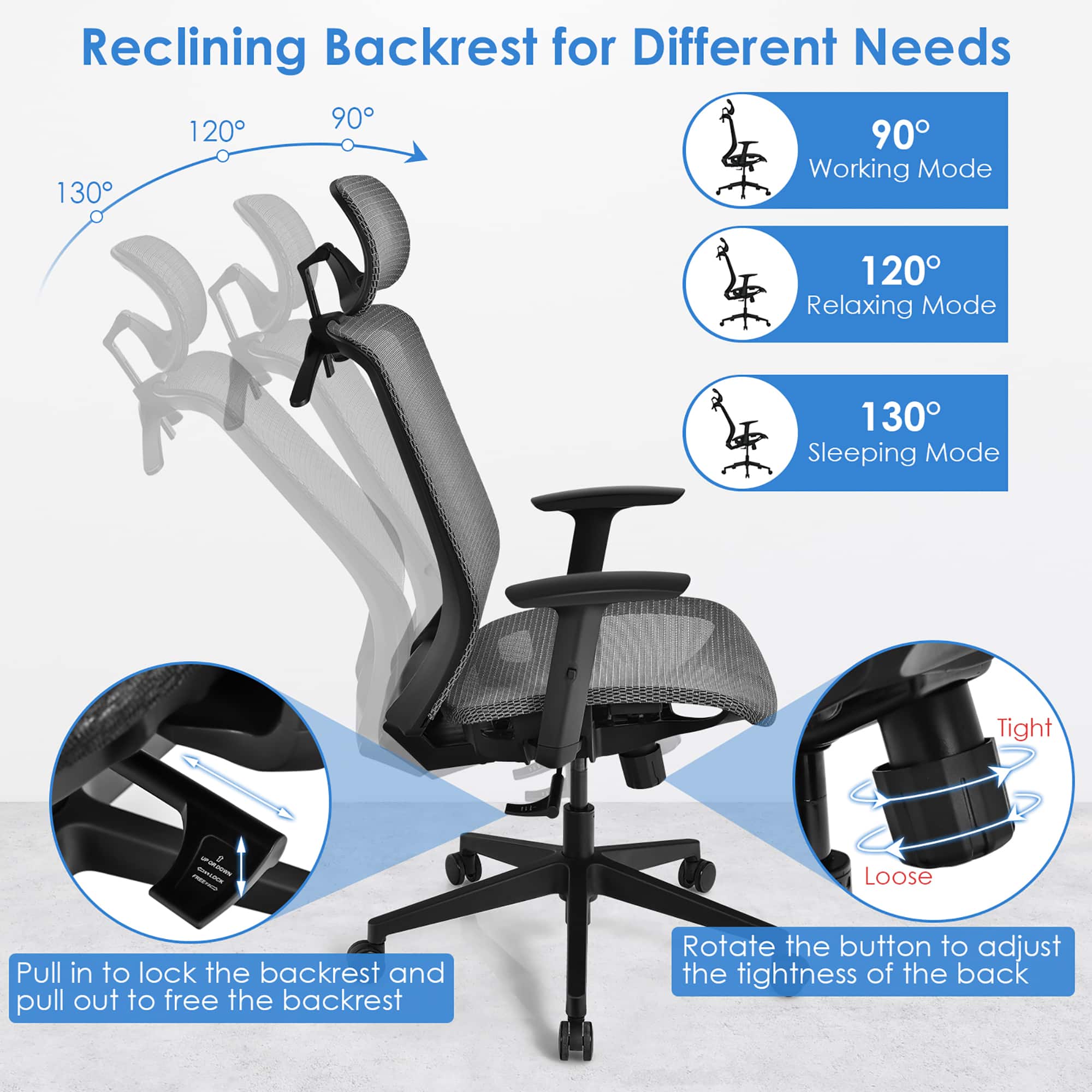 Reclining Backrest for Different Needs:
* 90° Working Mode
* 120° Relaxing Mode
* 130° Sleeping Mode
* Tight
* Loose
To lock the backrest, pull it in. To free the backrest, pull it out. Rotate the button to adjust the tightness of the back.