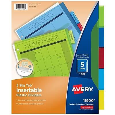 7178 VRTADS Projects PROJECTS Calendar NOVEMBER Laser Inkjet Printable Inserts 5 TABS 1 SET 5 Big Tab Insertable Plastic Dividers 1.5x more printing space on tab Durable tear resistant plastic AVERY. 11900" Free Easy-to-Use Avery Templates