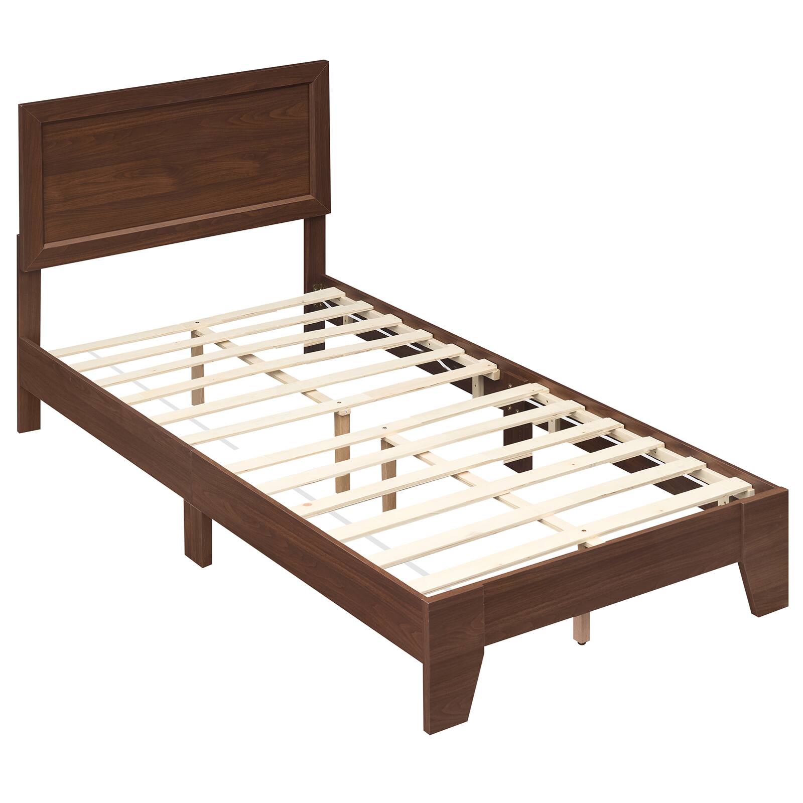 Alt View 1. Costway - Costway Twin Size Bed Frame, Mid-Century Platform Bed with Headboard, No Box Spring Needed - Walnut.