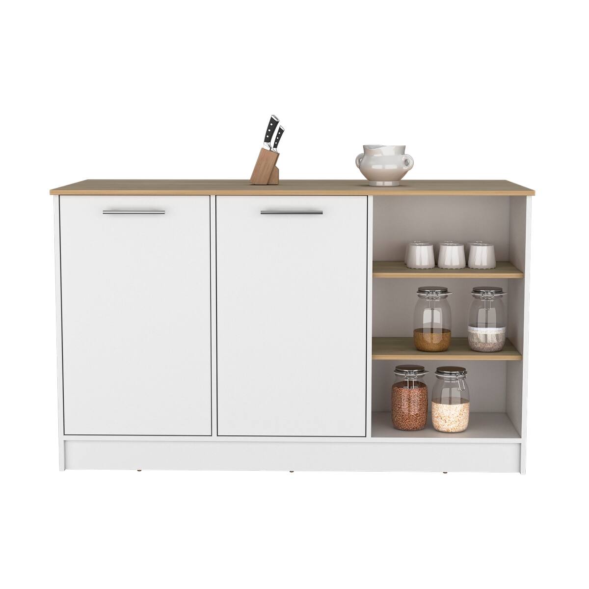 Alt View 4. Loheer - Loheer White and Natural Oak Kitchen Island with Two Cabinets - Multicolor.
