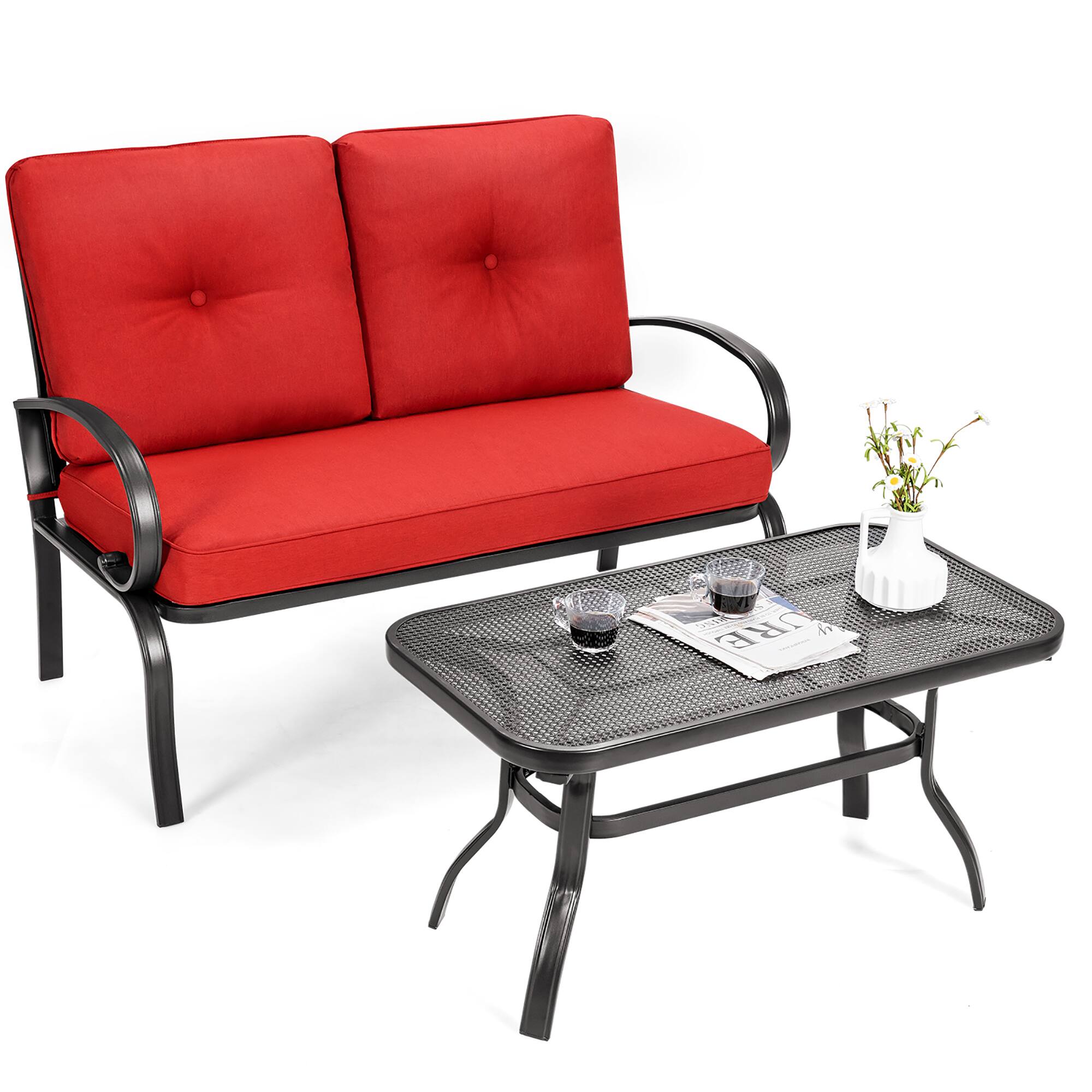 Front. Costway - Costway 2PCS Patio LoveSeat Coffee Table Furniture Set  Bench W/ Cushions - Red.