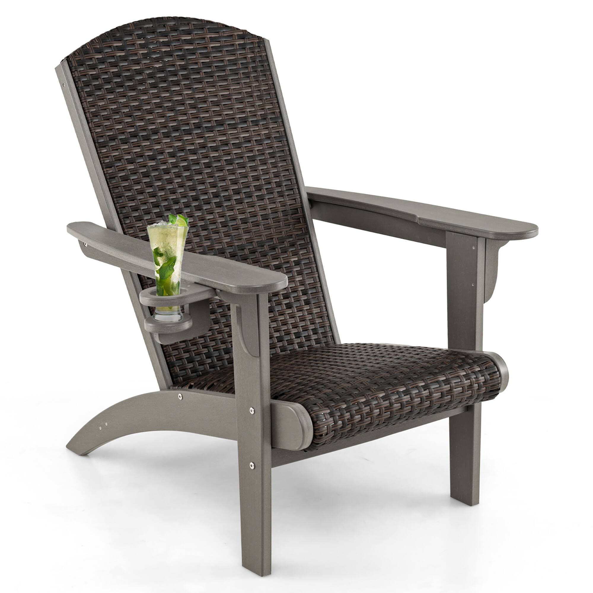 Alt View 4. Gymax - Gymax Set of 2 Adirondack Chair w/ Rattan Padded Seat & Back Wide Hidden Cupholder Patio Gray - Mix Brown, Gray.