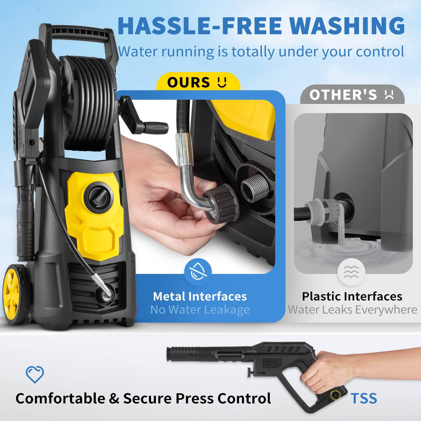 HASSLE-FREE WASHING  
Water running is totally under your control

**OURS**  
Metal Interfaces  
No Water Leakage

**OTHER'S**  
Plastic Interfaces  
Water Leaks Everywhere

Comfortable & Secure Press Control

TSS