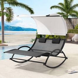 Crestlive Products - Outdoor Double Sun Bed Chaise Lounge Chair Rocking Bed with Sun Shade & Wheels - Black