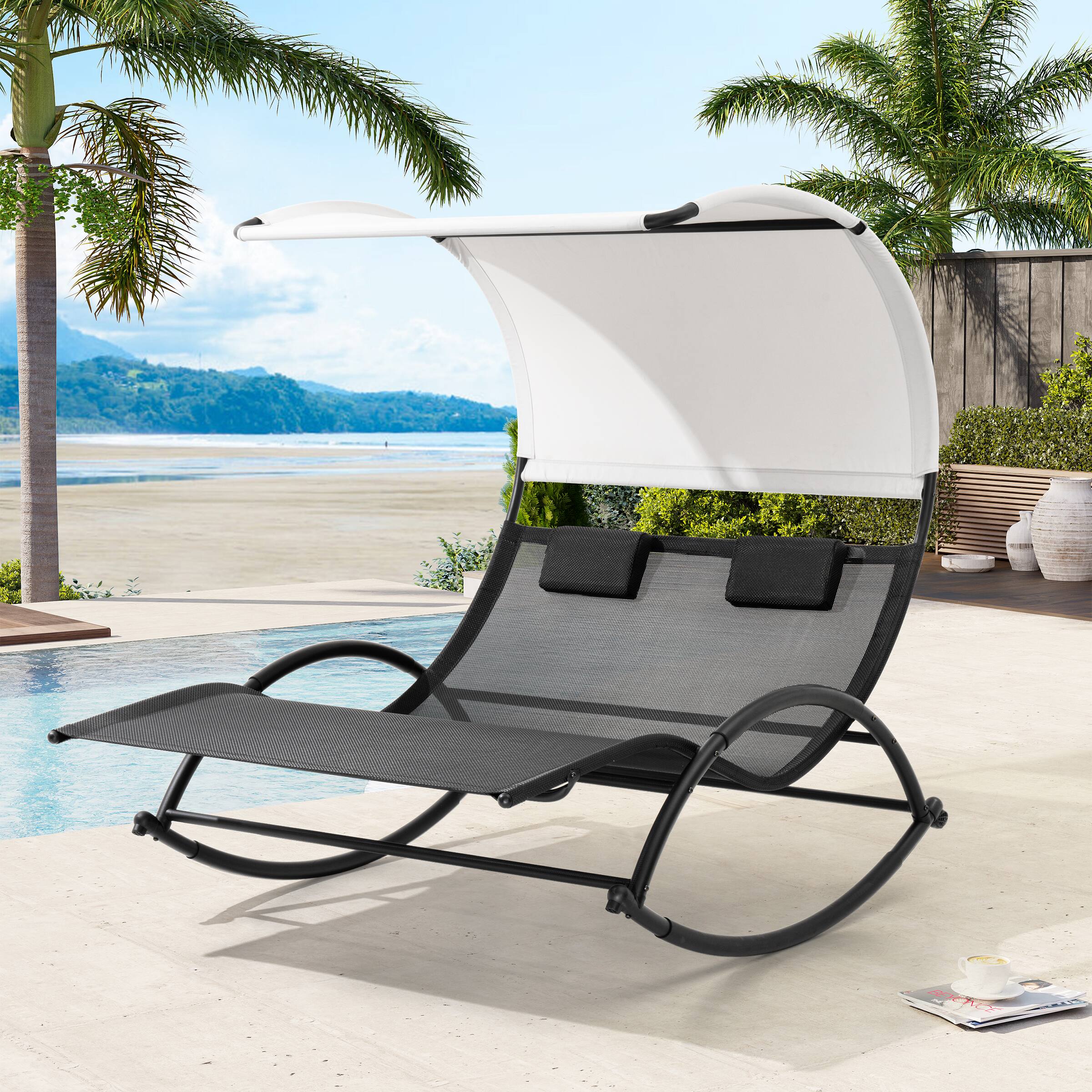 Front. Crestlive Products - Crestlive Products Outdoor Double Sun Bed Chaise Lounge Chair Rocking Bed with Sun Shade & Wheels - Black.