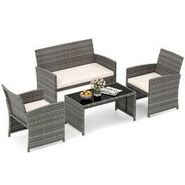 Costway - 4 PCS Patio Conversation Set with Seat Cushions & Tempered Glass Tabletop, Outdoor - Off-White,Gray