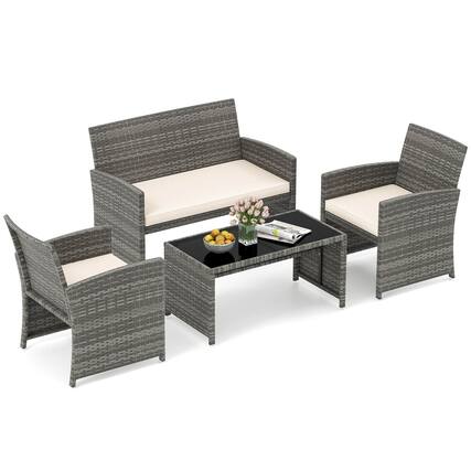 Front. Costway - Costway 4 PCS Patio Conversation Set with Seat Cushions & Tempered Glass Tabletop, Outdoor - Off-White,Gray.