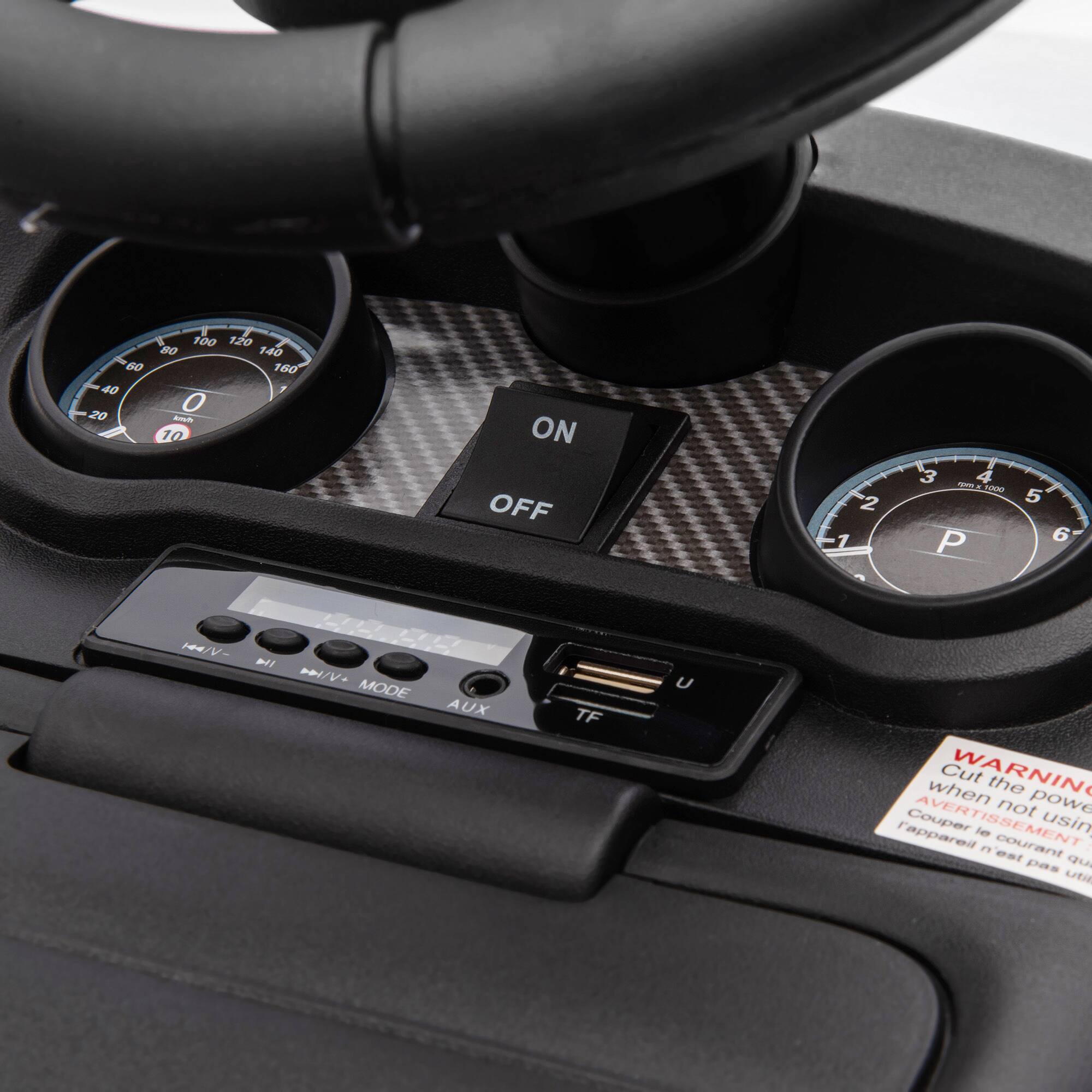 Here is the corrected and grouped text from the image:

**Speedometer:**
- 0 to 160 km/h

**Gear Shift:**
- P (Park)
- R (Reverse)
- N (Neutral)
- D (Drive)
- 1, 2, 3, 4, 5, 6

**Power Button:**
- ON
- OFF

**Audio Controls:**
- H/V
- MODE
- AUX

**USB Port:**
- TF (microSD card slot)

**Warning Label:**
- WARNING
- Cut the power when not using the device
- AVERTISSEMENT
- Coupez l'appareil quand il n'est pas utilisé