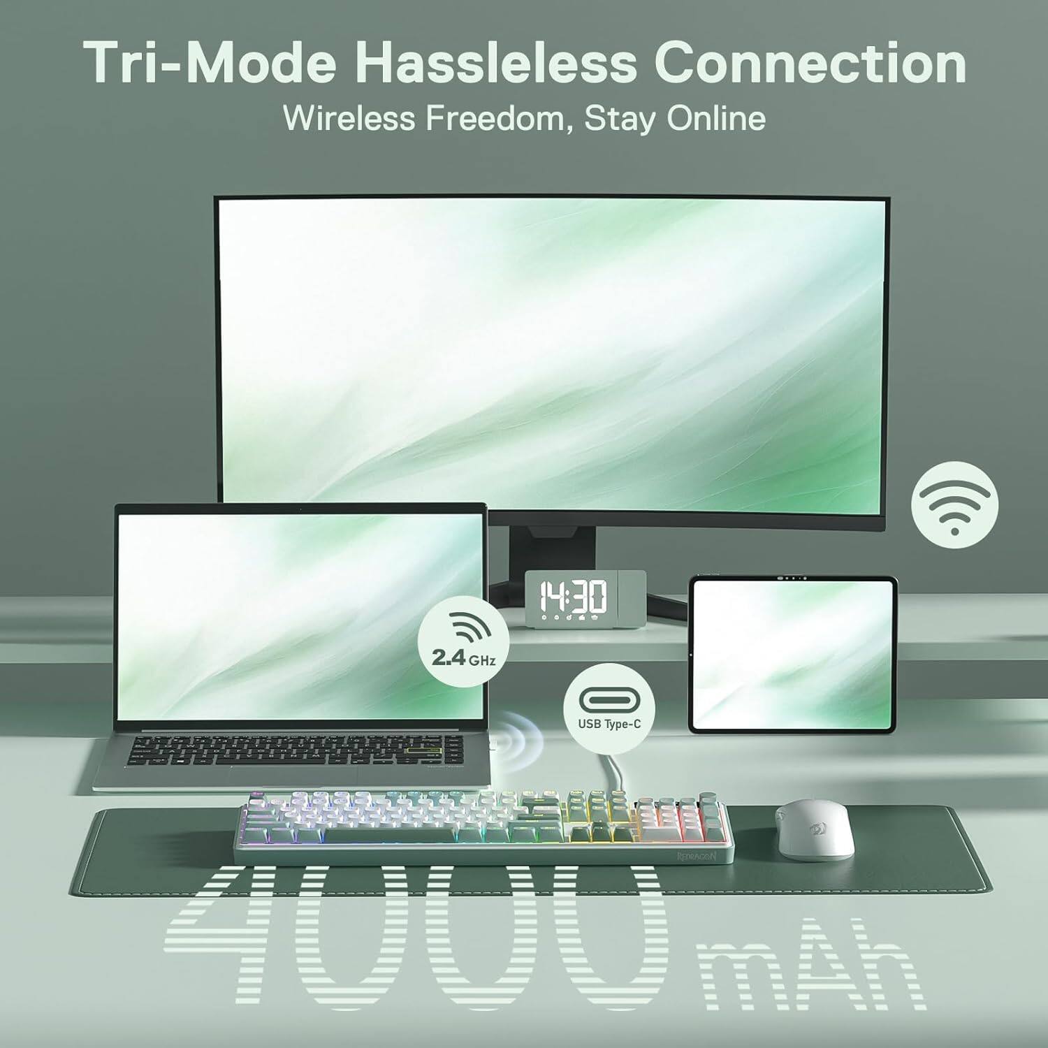 Tri-Mode Hassleless Connection Wireless Freedom, Stay Online

14:30

2.4 GHz

USB Type-C

4000 mAh