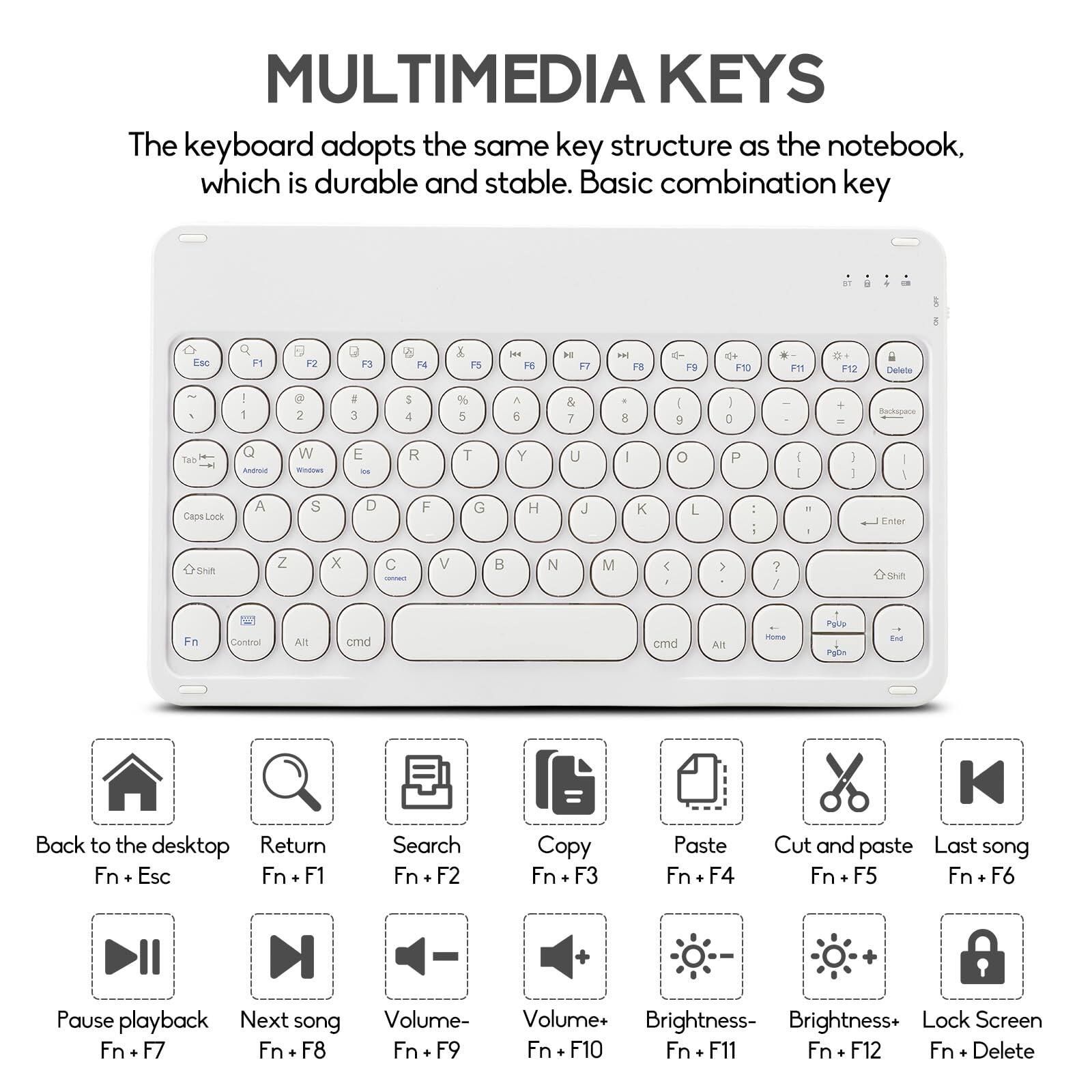 **MULTIMEDIA KEYS**

The keyboard adopts the same key structure as the notebook, which is durable and stable. Basic combination key

- Back to the desktop: Fn + Esc
- Return: Fn + F1
- Search: Fn + F2
- Copy: Fn + F3
- Paste: Fn + F4
- Cut and paste: Fn + F5
- Last song: Fn + F6
- Pause playback: Fn + F7
- Next song: Fn + F8
- Volume-: Fn + F9
- Volume+: Fn + F10
- Brightness-: Fn + F11
- Brightness+: Fn + F12
- Lock Screen: Fn + Delete