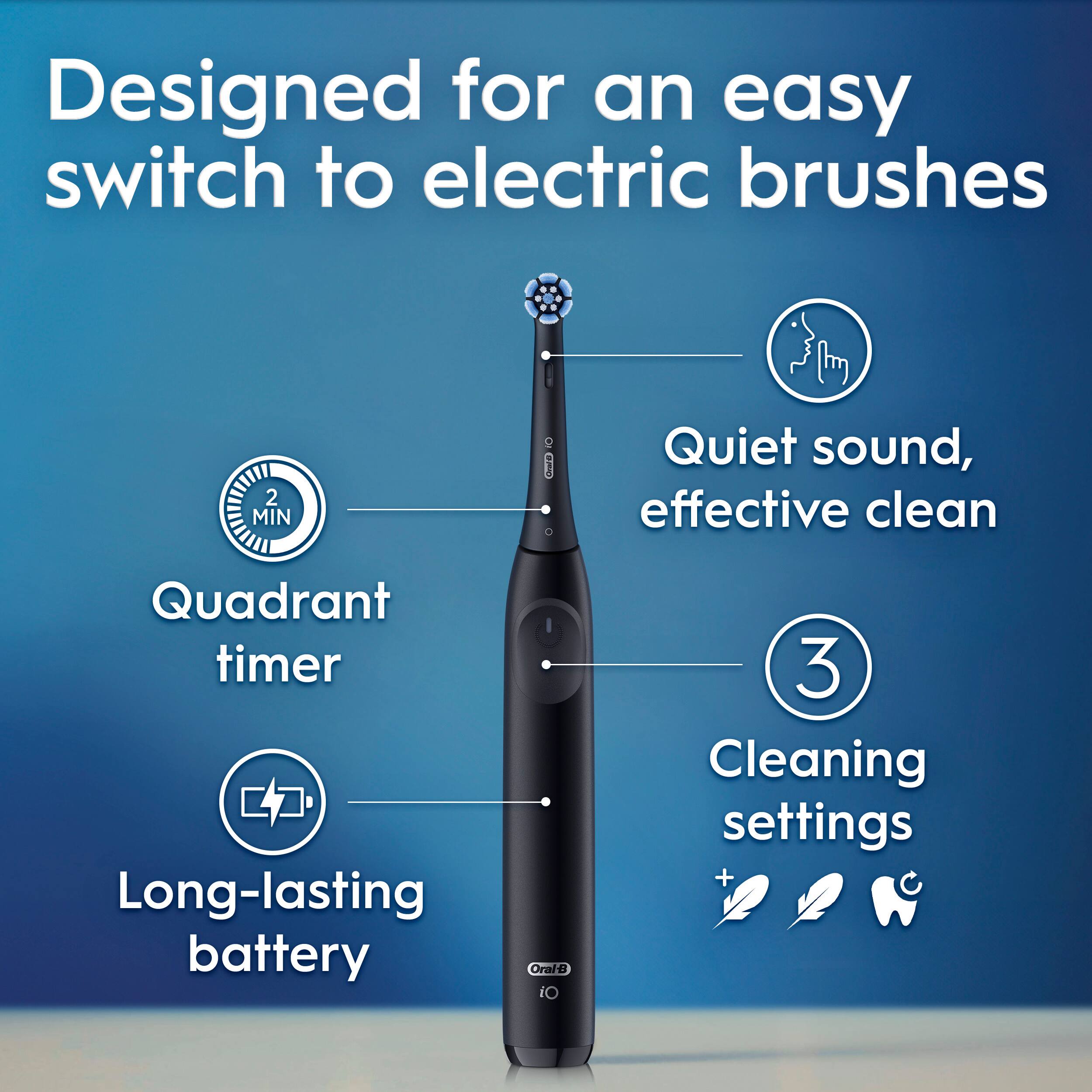 Designed for an easy switch to electric brushes, this toothbrush features a quiet sound, effective cleaning, a quadrant timer, long-lasting battery life, and three cleaning settings.