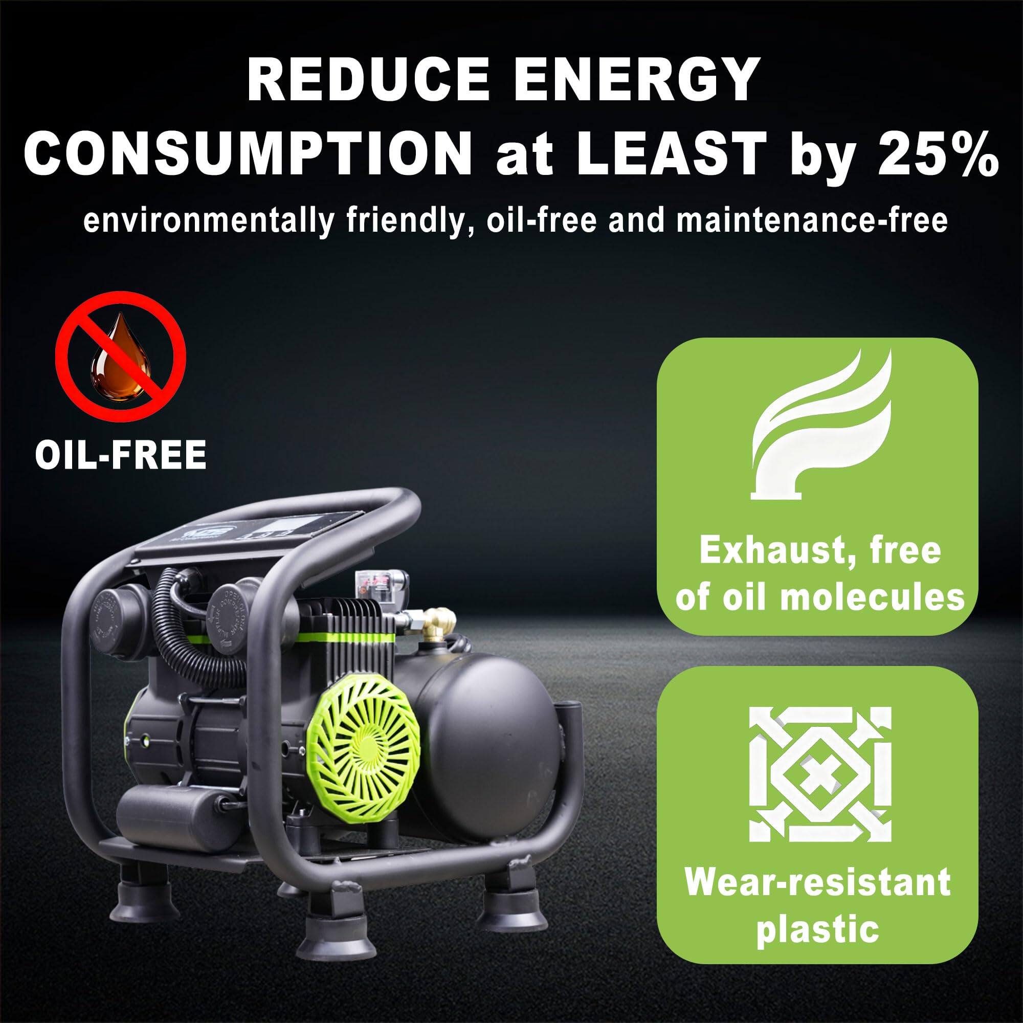 REDUCE ENERGY CONSUMPTION at LEAST by 25%  
environmentally friendly, oil-free and maintenance-free  

- OIL-FREE  
- Exhaust, free of oil molecules  
- Wear-resistant plastic