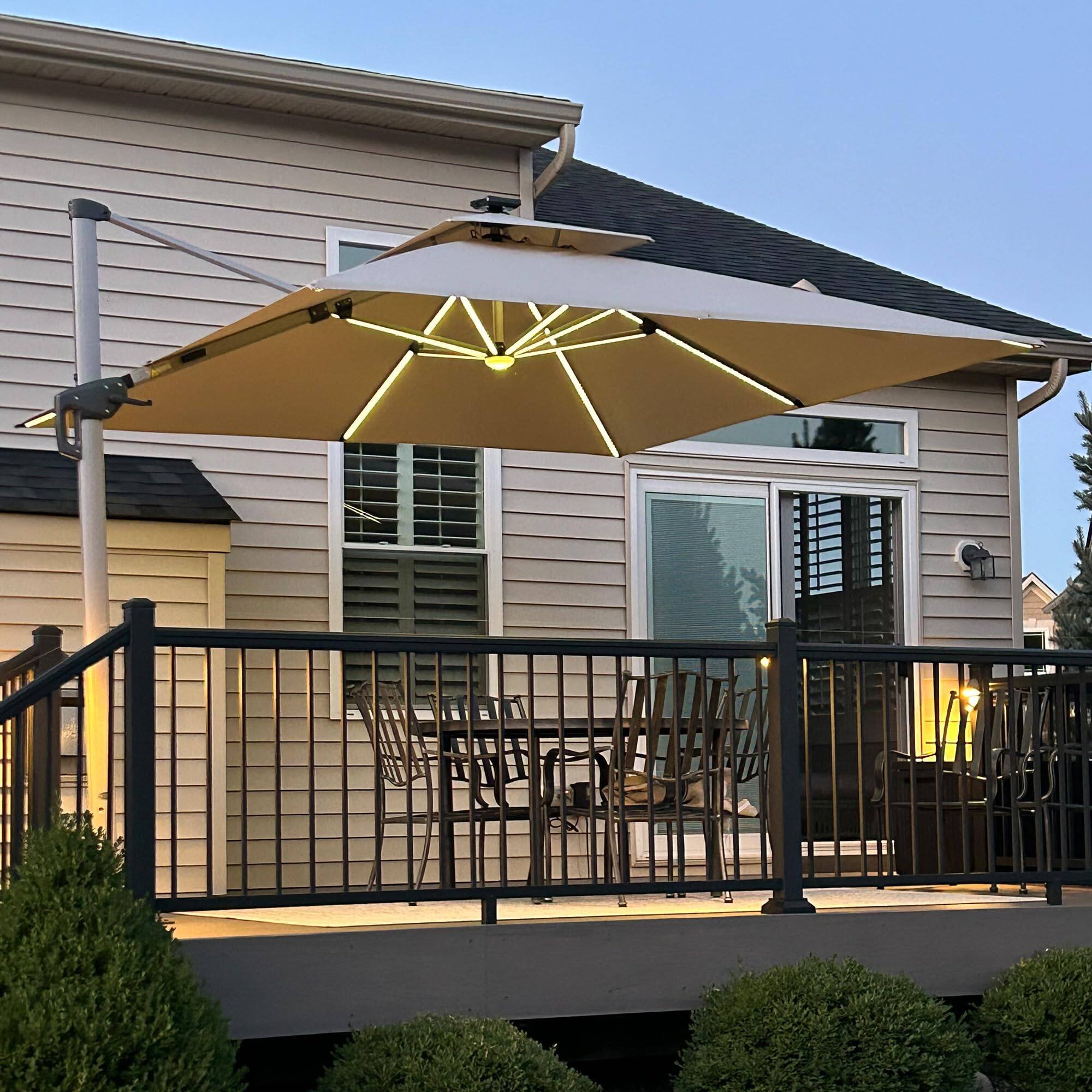 Angle. PURPLE LEAF - 11 ft. Patio Square Aluminum Solar Powered LED Cantilever Outdoor Offset Umbrella with Base for Garden Deck Pool - Beige.