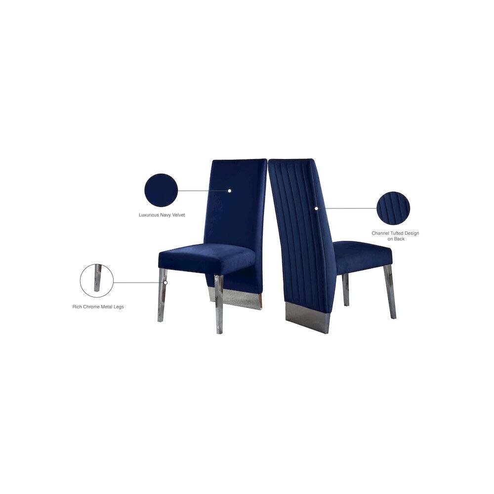 Luxurious Navy Velvet  
Channel Tufted Design on Back  
Rich Chrome Metal Legs