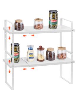 VEVOR - Adjustable Kitchen Cabinet Shelf Organizer, Expandable 2 Tier Cabinet Shelf, Stackable Countertop Organizers - White