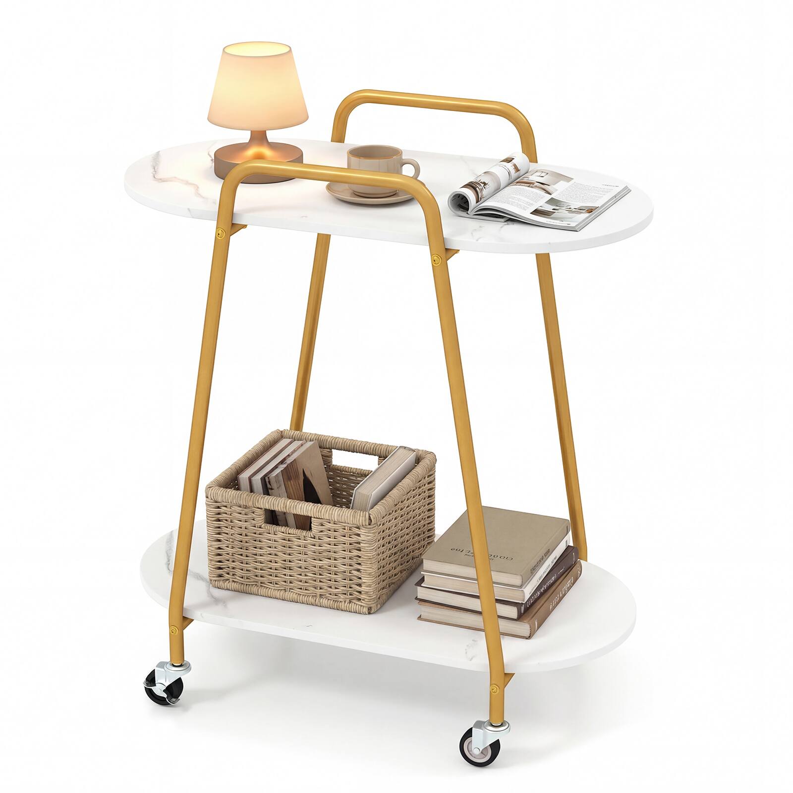 Alt View 1. Costway - Costway 2-Tier Rolling End Table with Faux Marble Surfaces, Lockable Wheels & Metal Frame - White + Gold.