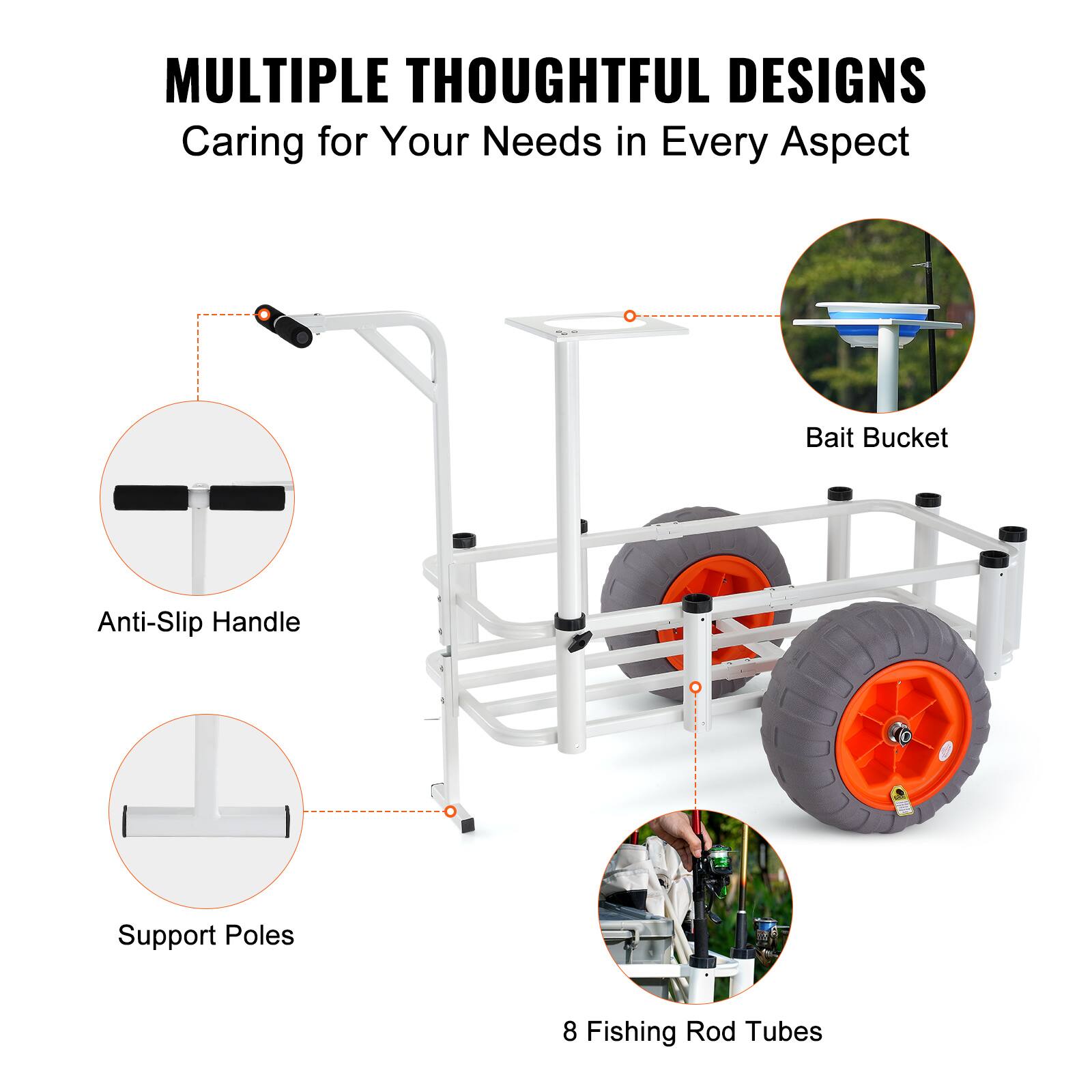 MULTIPLE THOUGHTFUL DESIGNS Caring for Your Needs in Every Aspect

- Anti-Slip Handle
- Support Poles
- Bait Bucket
- 8 Fishing Rod Tubes
