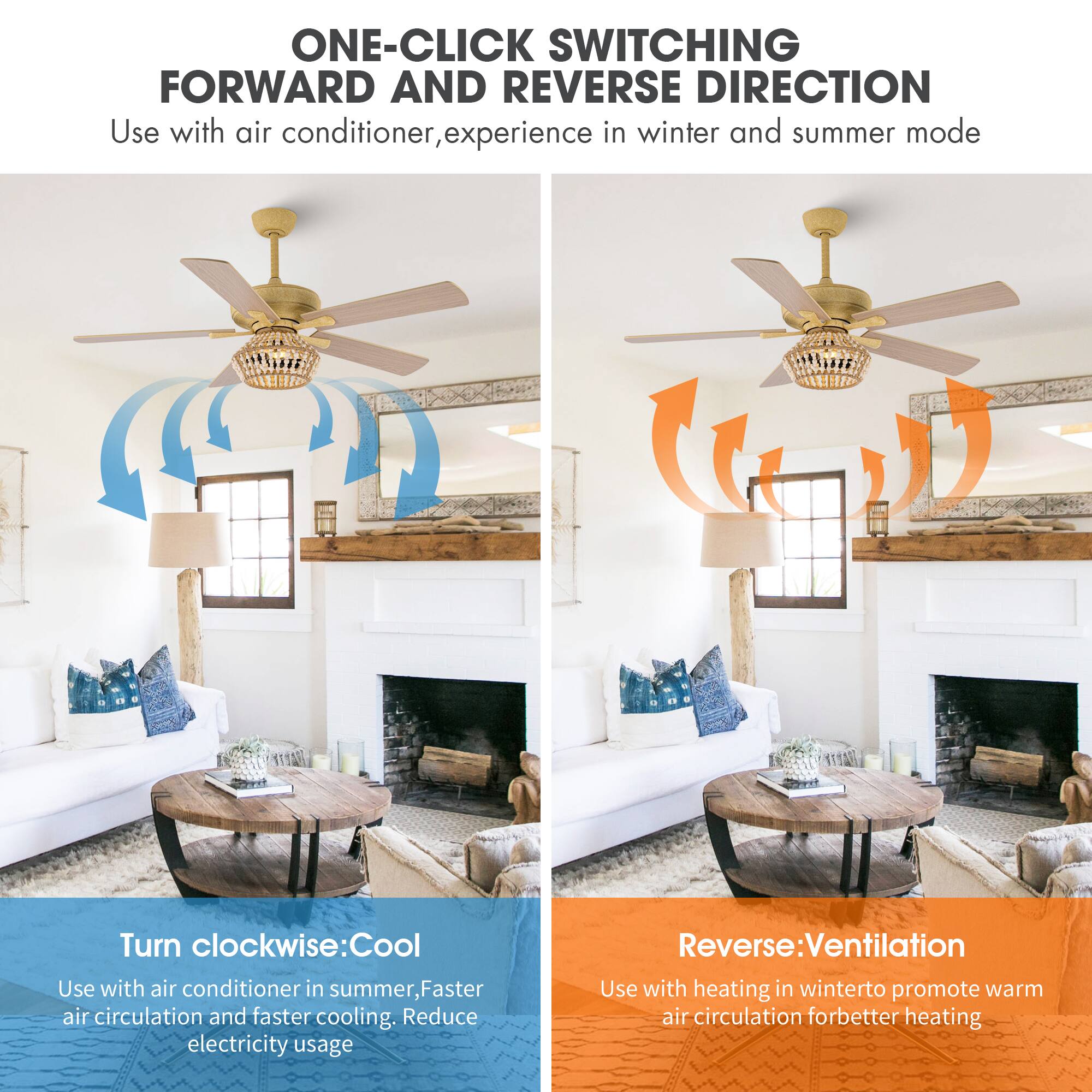 ONE-CLICK SWITCHING FORWARD AND REVERSE DIRECTION  
Use with air conditioner, experience in winter and summer mode  

Turn clockwise: Cool  
Use with air conditioner in summer, Faster air circulation and faster cooling. Reduce electricity usage  

Reverse: Ventilation  
Use with heating in winter to promote warm air circulation for better heating