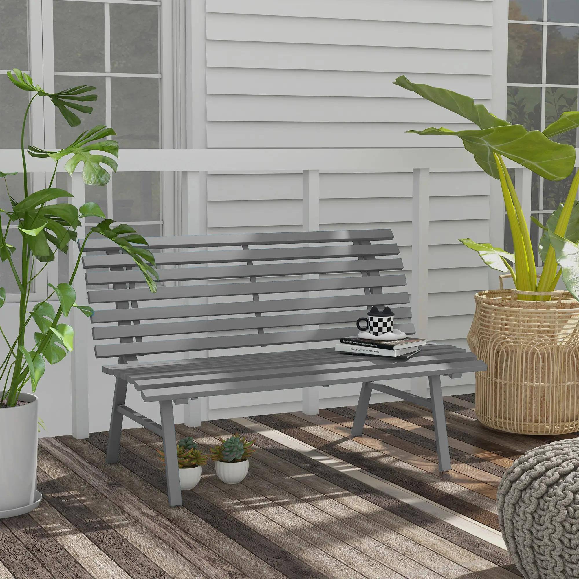 Left. Resenkos - Resenkos Aluminum Bench, Lightweight Slatted Seat, Outdoor Park Deck Bench,Perfect for Lawn,Gray - Gray.