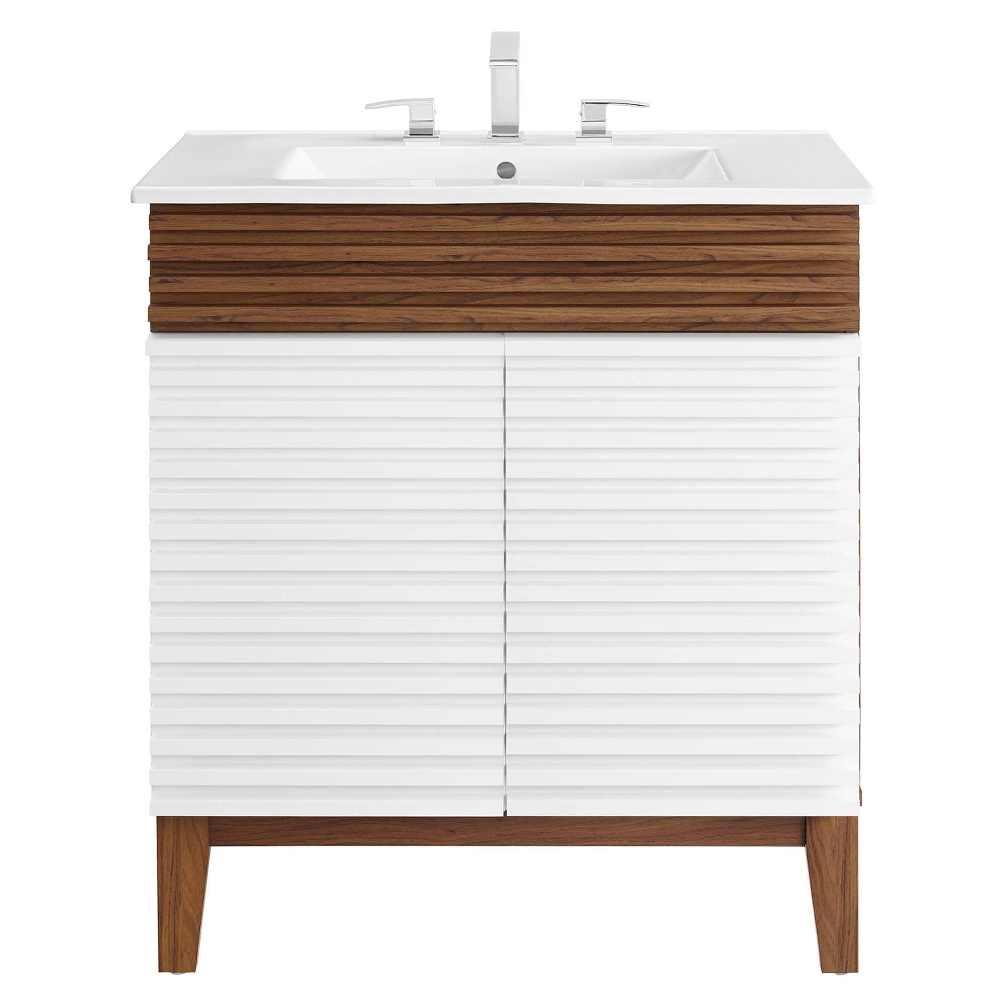 Alt View 2. Modway - Render 30" and 36" Bathroom Vanities with White Basin Included - White Walnut White.