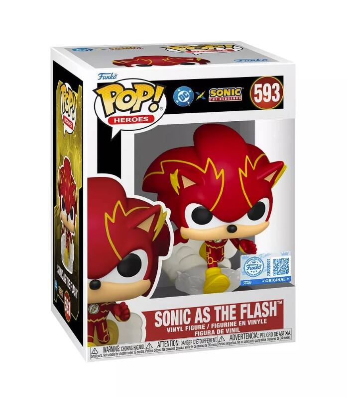 Sure, here is the corrected and grouped text from the image:

---

**Front:**
- **Top Left:** Funko POP! Heroes
- **Top Center:** DC Sonic the Hedgehog 593
- **Center:** SONIC AS THE FLASH™
- **Bottom:** VINYL FIGURE / FIGURINE EN VINYLE / FIGURA DE VINIL

**Warnings:**
- WARNING: CHOKING HAZARD - Small parts. Not for children under 3 years.
- ATTENTION: PELIGRO DE ASFIXIA - Piezas pequeñas. No es conveniente para menores de 3 años.
- ADVERTENCIA: PEQUEÑAS PIEZAS - Peligro de asfixia. No es conveniente para menores de 3 años.

**Side:**
- **Top:** Funko POP! Heroes
- **Center:** SONIC AS THE FLASH™
- **Bottom:** WARNING: CHOKING HAZARD - Small parts. Not for children under 3 years.

**Back:**
- **Top Left:** Funko POP! Heroes
- **Top Center:** DC Sonic the Hedgehog 593
- **Center:** SONIC AS THE FLASH™
