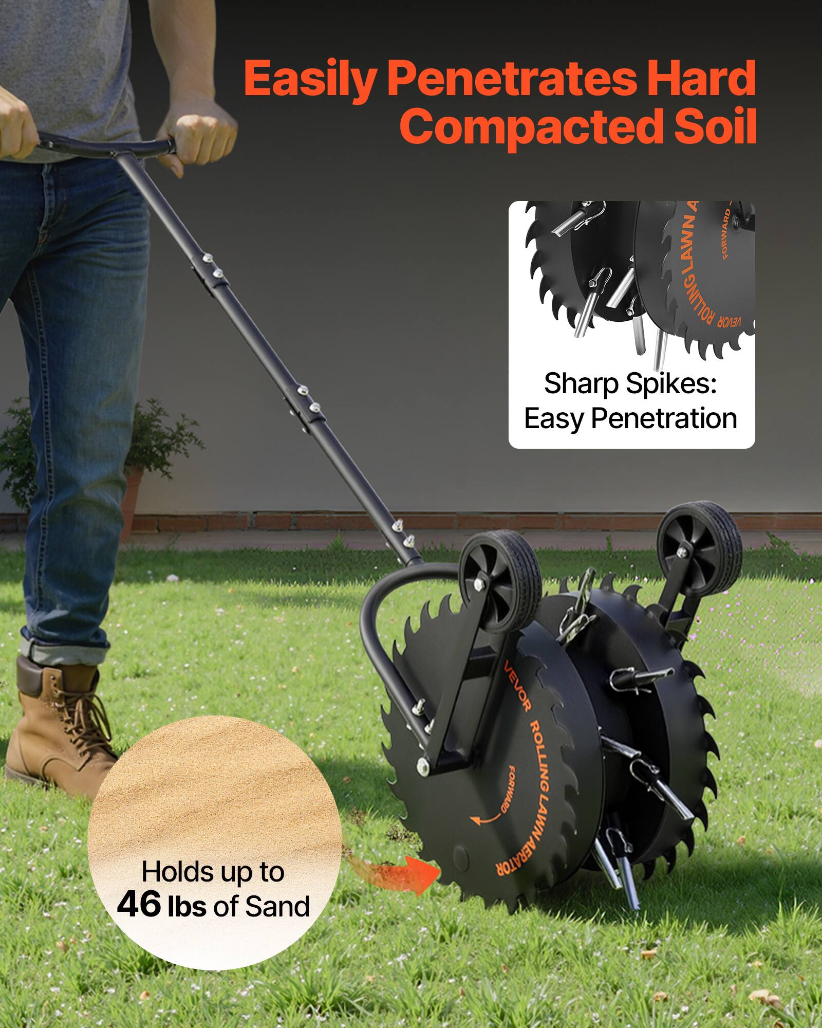 Easily Penetrates Hard Compacted Soil

Sharp Spikes: Easy Penetration

Holds up to 46 lbs of Sand