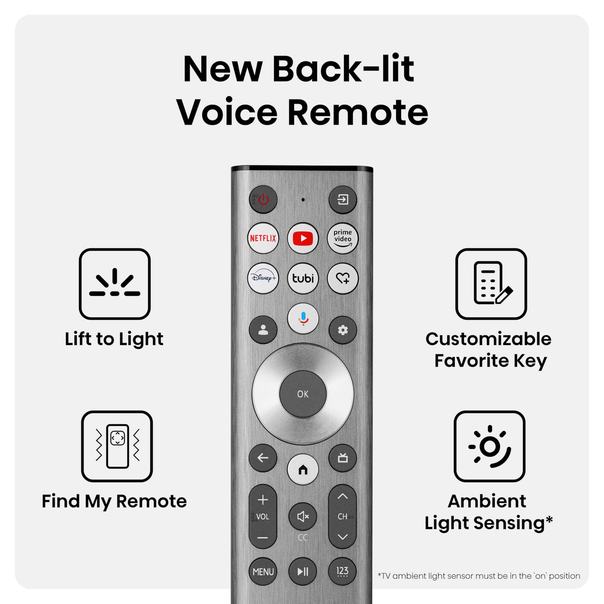 New Back-lit Voice Remote: Featuring Netflix, Prime Video, Disney+, Tubi, and more. Customizable Favorite Key. Find My Remote. Ambient Light Sensing.