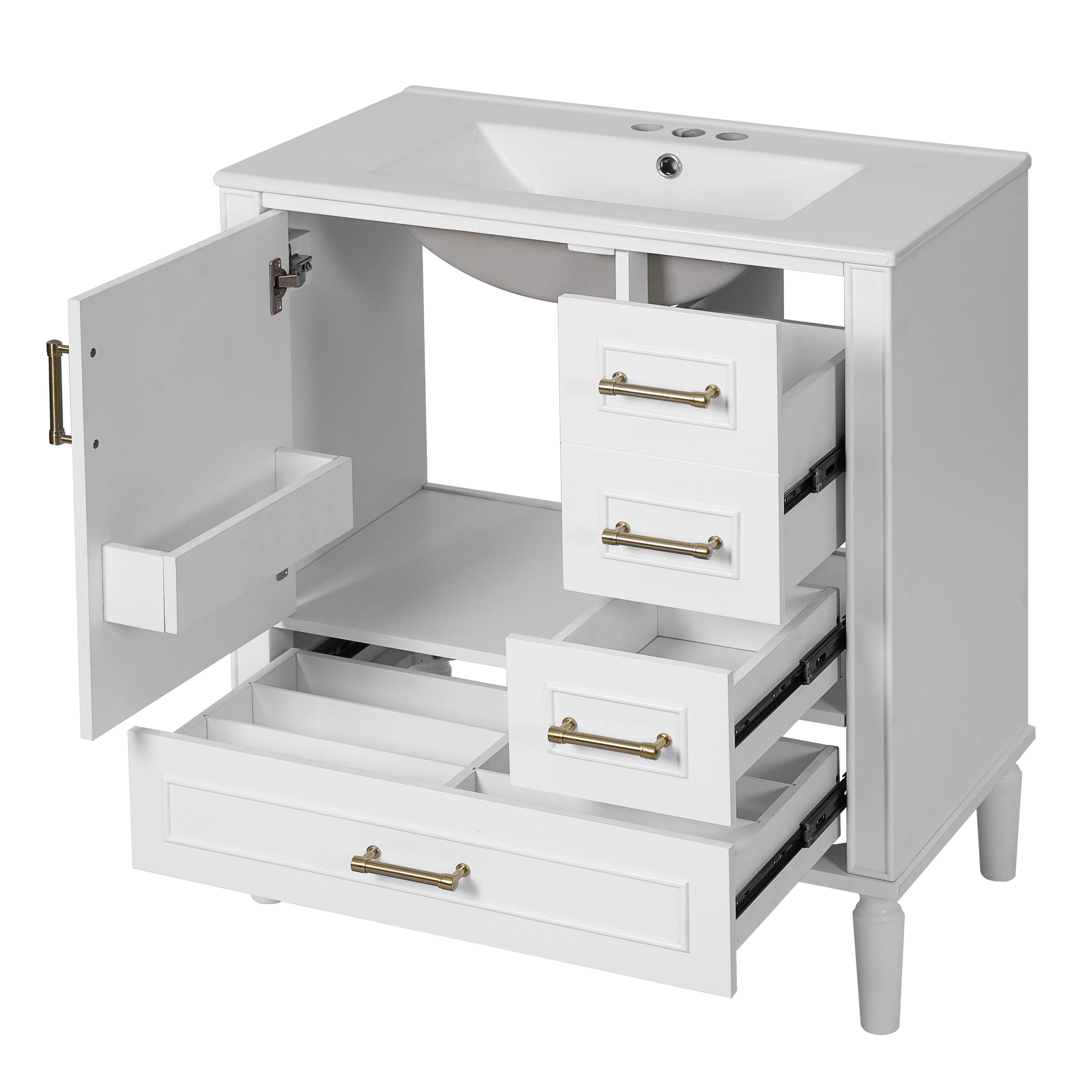 Alt View 10. Tiramisubest - 30" Bathroom Vanity with Ceramic Sink with Built-in Shelf, Deep Drawer, Standard Drawer, Long Divider Drawer - White.