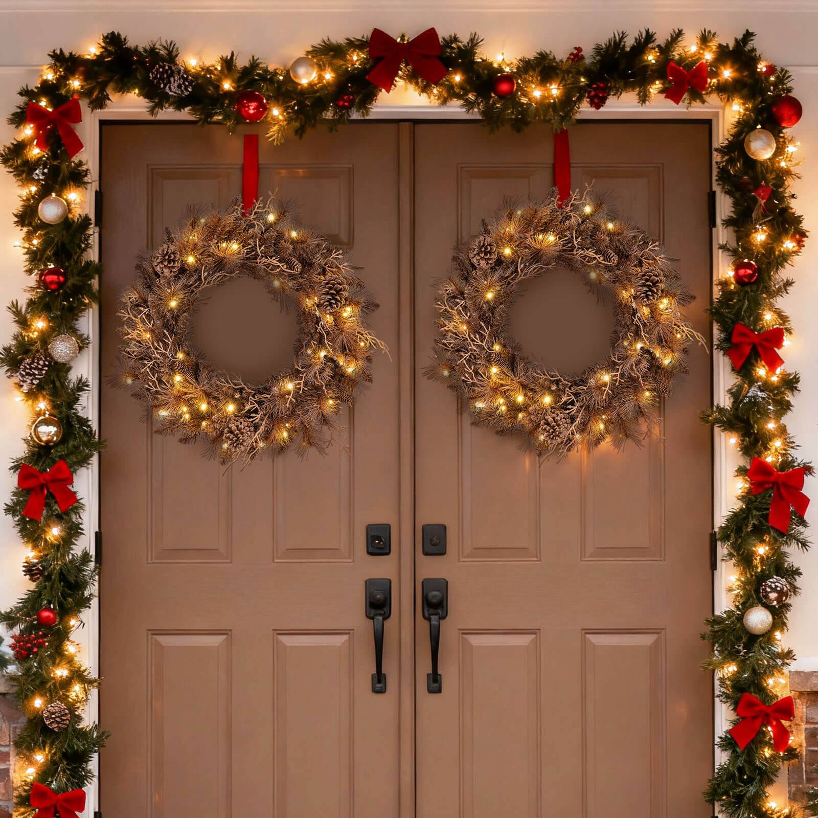 Alt View 3. Costway - Costway 2 PCS 24" Pre-lit Christmas Wreath Front Door Artificial Xmas Wreath with 105 Branch Tips - Brown.